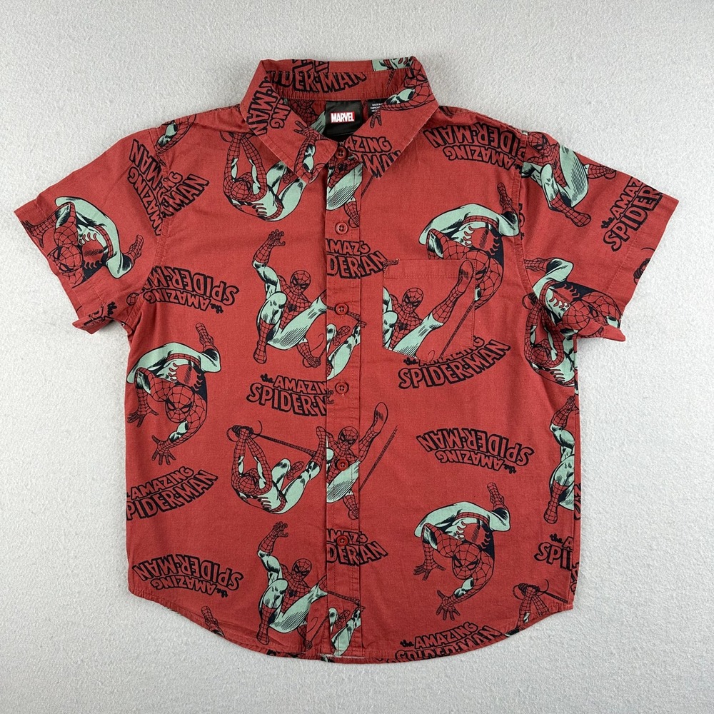 Marvel Spider-Man Button-Down Shirt Kids Size M Red All-Over Comic Print Cotton